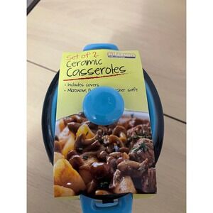 Set of 2 Kitchen Collection Ceramic Casserole Dishes Baking Bowls with Lids Blue